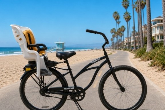 Bike with child seat on beach path, palm trees and ocean in background.