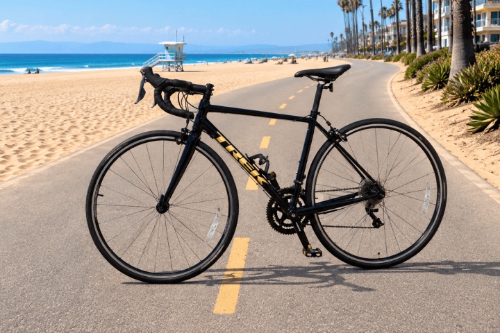Black bicycle on beachside road with ocean and palm trees.