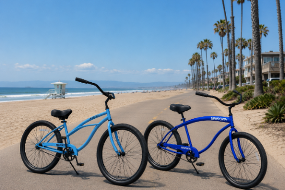 Two beach cruiser bikes on a sunny coastal path with palm trees.