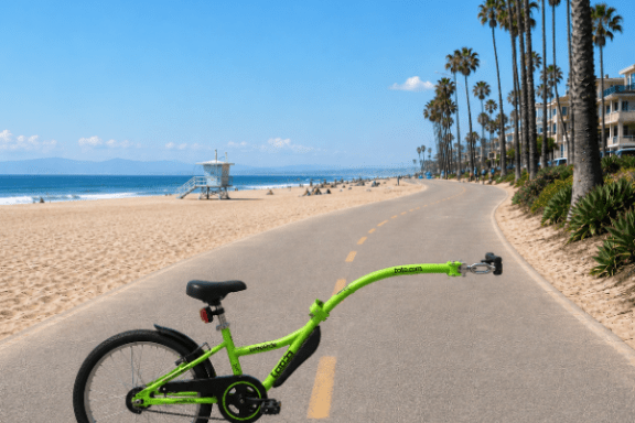 Green unicycle on a beachside path with palm trees and lifeguard tower.