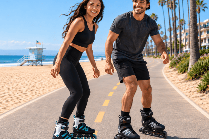 Two people rollerblading on a beachside path with palm trees and ocean in the background.