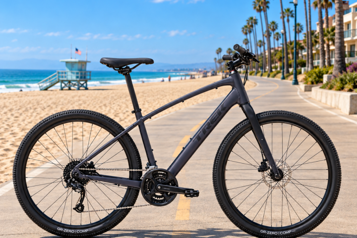 Black bicycle on a sunny beachfront path with palm trees.