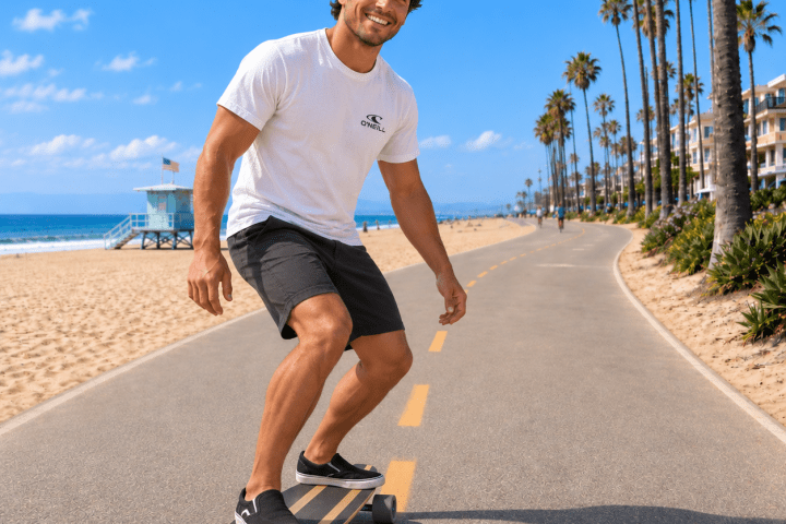Man skateboarding on a sunny beachside path lined with palm trees.