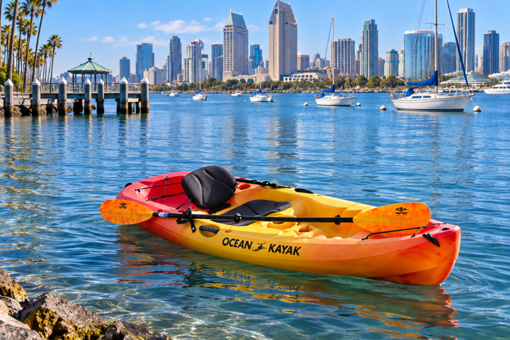 Kayak docked by rocks, with city skyline and calm water in the background.