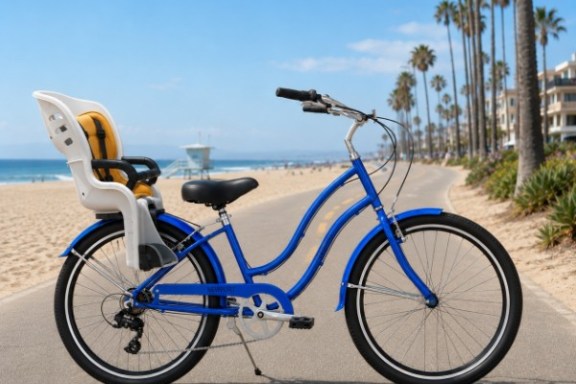 Blue bike with child seat on beach path lined with palm trees.