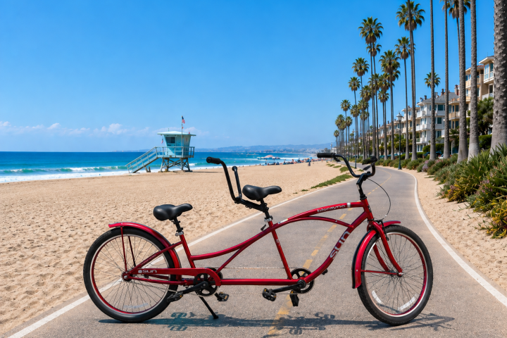 Red tandem bike on beachside path, palm trees and buildings in background.