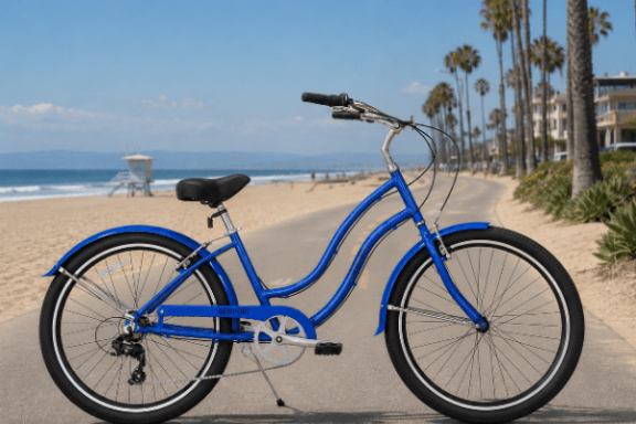 Blue bicycle on a beachside path with palm trees and ocean view.