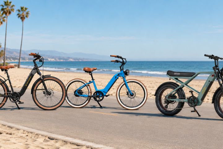 Three electric bikes on beachside path with palm trees and ocean in background.