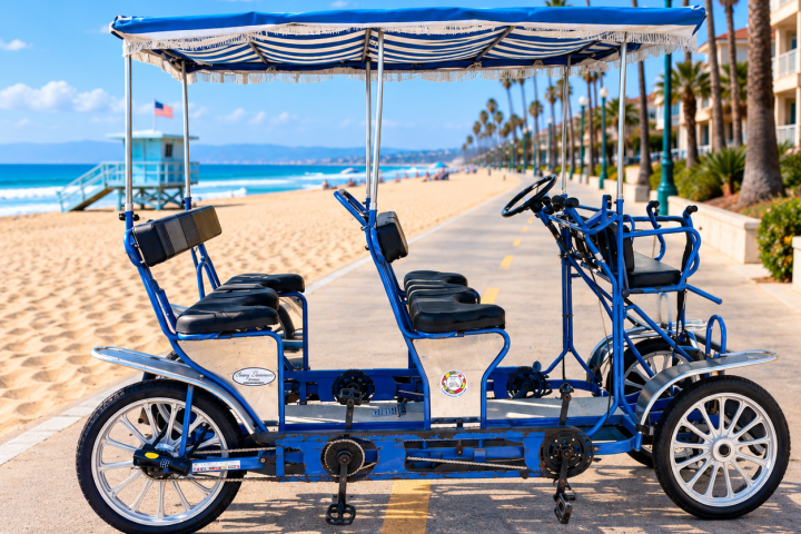 Four-seater blue tandem bike on a beachside path with palm trees.