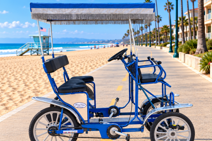 Blue tandem bike with a canopy on a sunny beach promenade.